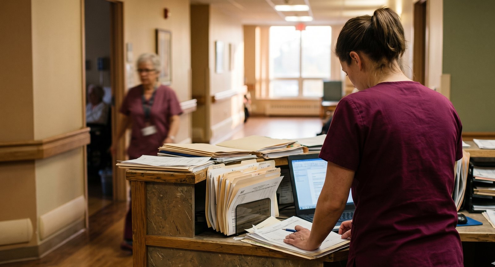 A nurse at a busy nursing station with stacks of paperwork and a colleague passing by