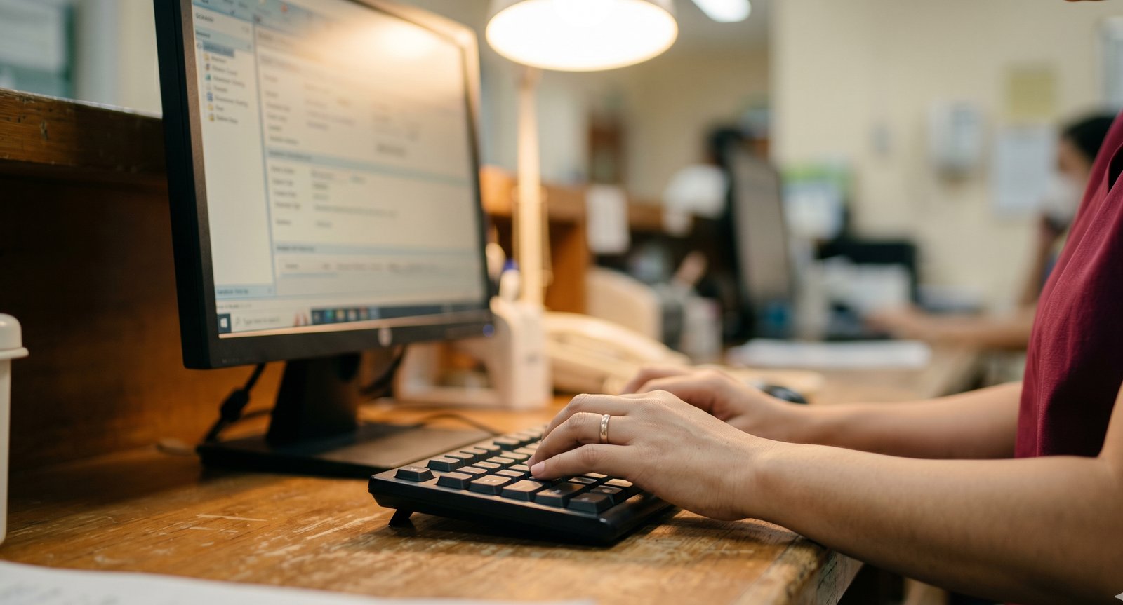 A nurse typing notes at a nursing station