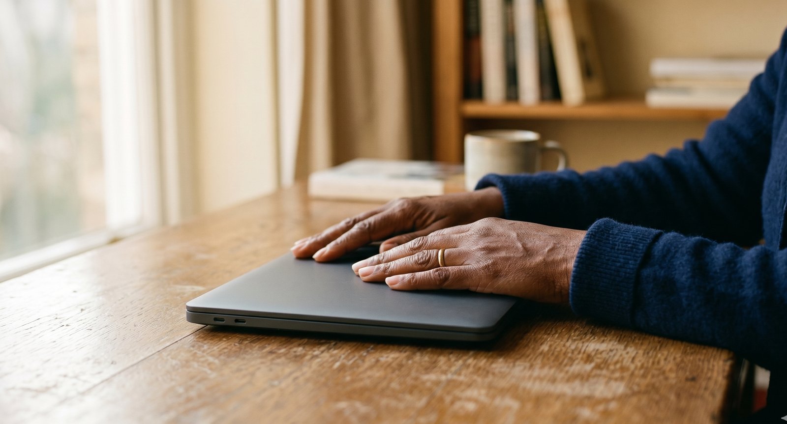 Hands resting protectively on a closed laptop