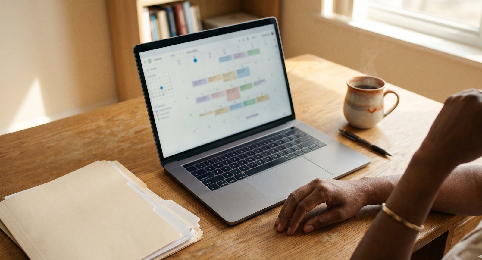 A Director of Care reviewing a calendar at her desk