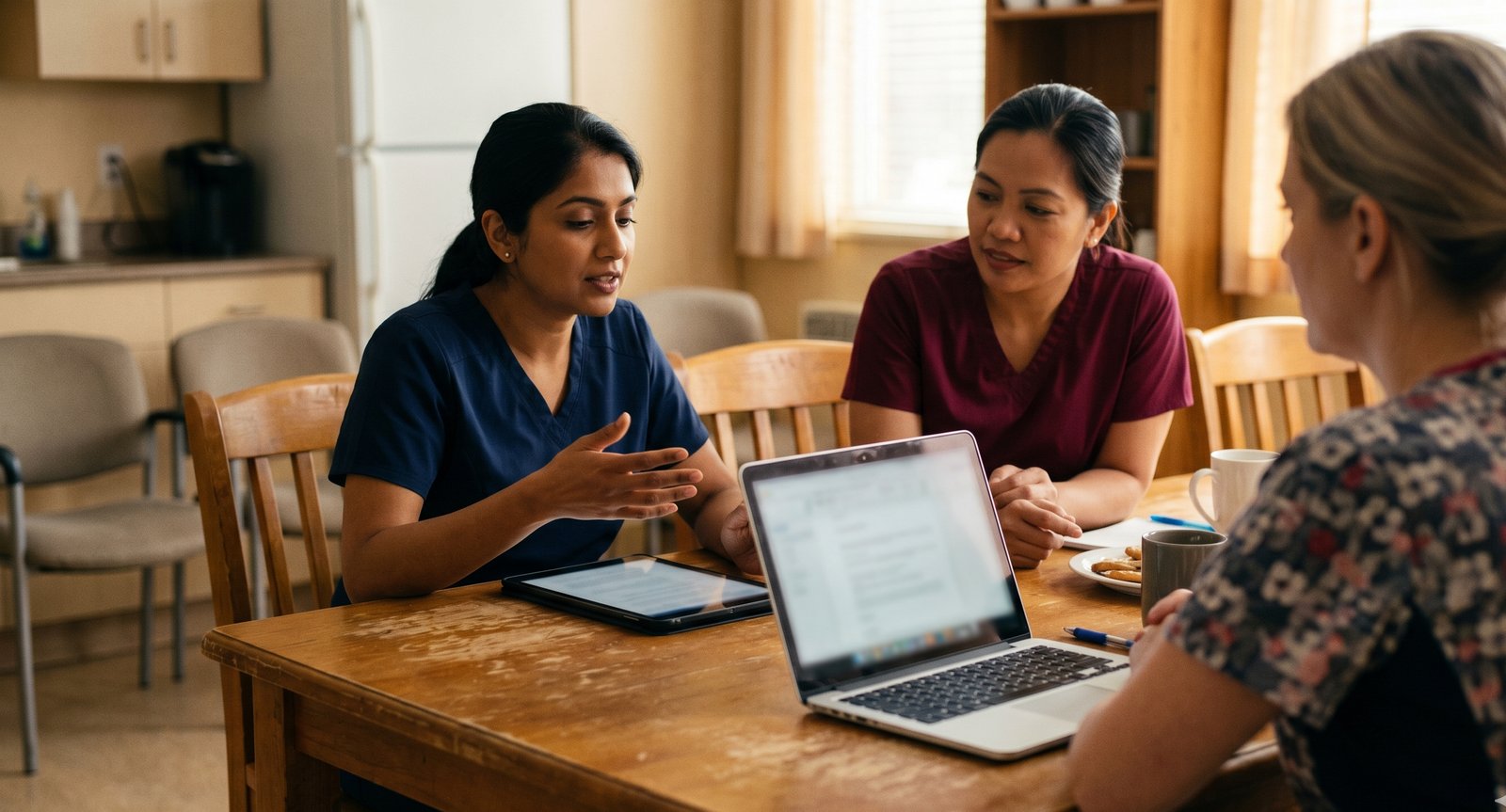 Three nurses collaborating around a table during a small in-service